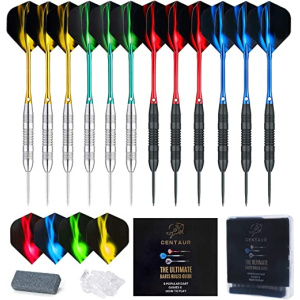 CENTAUR 12 Pack Steel Tip Darts, Professional 22/24 Grams Metal Dart Set with 4 Color Premium Aluminum Shafts and 4 Style PET Flights and Dart...