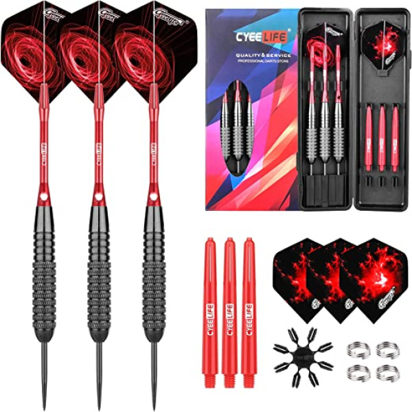 CyeeLife Professional Steel tip Darts 18/22/24/26/30/32/38g Extra Flights+Sharpener+Tool+Aluminum Shafts with Rubber O Rings