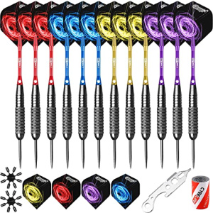 CyeeLife Steel tip Darts 20/22/28/30/34/40g With 16 Flights+Sharpener+Tool+Protectors+12 Aluminium shafts with Rubber Rings for 4 Beginners Home Darts