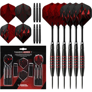 Darts Corner X1066 Thunder | 24 Piece Steel Tip Dart Set with Brass Barrels, Flights and Aluminium Shafts, Series 1, Black/Red
