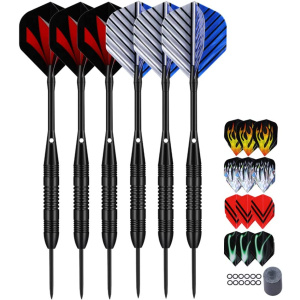 LARRITS Professional 6 Pack/ 12 Pack Steel Tip Darts Set 22 23 Grams With Black Aluminum Shafts 18pcs Dart Flights 12pcs Rubber O-Rings + Dart...