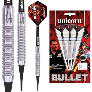 Unicorn, Gary Anderson, Bullet, Player Endorsed Dart Set, Super Durable Stainless Steel, Barrel Design A, Plastic Soft Tip 16 g