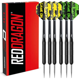 RED DRAGON Strata 19 Piece Darts Set - 6 Pack 20 Gram Black Steel Tip Darts with flights and shafts (stems)